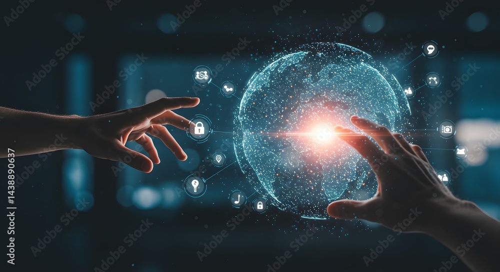 Poster two hands reaching towards a glowing digital globe with floating icons on a dark background