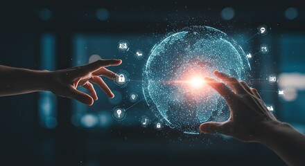 Two hands reaching towards a glowing digital globe with floating icons on a dark background