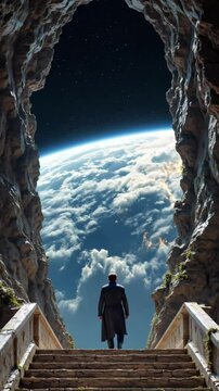 Man Standing at the Edge of a Majestic Cave Overlooking Earth from Space with Dramatic Lighting