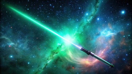 A luminescent beam of energy projects from a futuristic weapon against a backdrop of vibrant nebulae and distant stars.