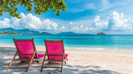 Two colorful beach chairs on sandy shore in Phuket, Thailand, with turquoise sea and clear blue sky, tropical vacation paradise.