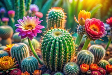 Vibrant Cactus Garden with Blooming Desert Flowers A Stunning Display of Diverse Succulents and Colorful Blossoms