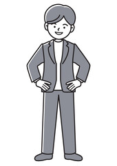 手を腰に当てて笑顔でこちらを見ているビジネスマンの正面向きベクターイラスト
