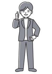 サムズアップで笑顔を見せるビジネスマンの正面向きベクターイラスト