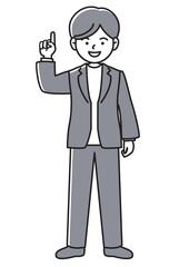 指さしをする、あるいは1番をアピールするビジネスマンの正面向きベクターイラスト