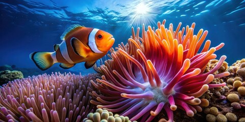 Vibrant Ocean Scene Featuring a Striking Clownfish and a Colorful Sea Anemone in a Thriving Underwater Reef Habitat