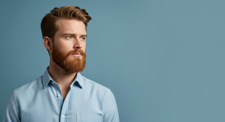 Fototapeta premium Handsome Ginger: Man with Beard & Blue Shirt Looking Away. Portrait of Style, Confidence, and Modern Masculinity.