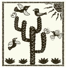 Rustic woodcut illustration of birds flying around a cactus under a bright sun in a desert landscape, inspired by Brazilian folk art.