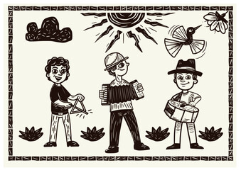 Musical trio in woodcut style and traditional literature from the Northeast of Brazil. Isolated vectors