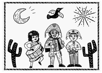 Woodcut illustration of a traditional Brazilian rhythm band playing accordion, triangle, and drum under festive lights.