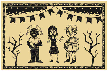 Musical trio in woodcut style and traditional literature from Northeast Brazil. Female singer, separate vectors