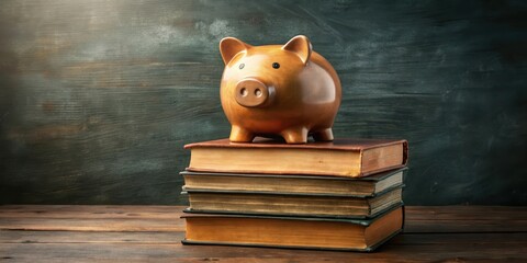 Wooden Piggy Bank Atop Stack of Aged Books, Symbolizing Financial Literacy and Educational Investments