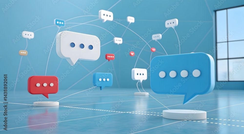 Poster a network of colorful speech bubbles connected by lines in a blue room setting up scene