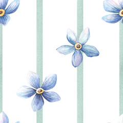 Obraz premium Floral seamless pattern with green watercolor stripes and light blue forget-me-not flowers Botanical watercolor pastel texture Perfect for fabrics, home textiles, background, seasonal wallpaper.