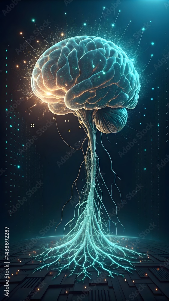 Poster illuminated brain with neural connections extending down to a circuit board surface