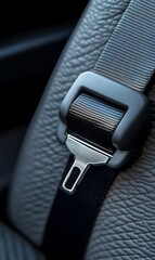 Gray Textile Car Seat with Seatbelt Detail Interior Safety Metal Buckle Close Up