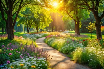 Naklejka premium Serene Pathway Through a Sunlit Garden of Blooming Flowers and Lush Greenery