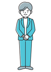 手を前で組んで待機姿勢をとるビジネスマンの正面向きベクターイラスト