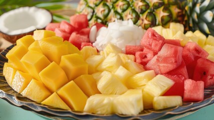 Tropical fruit platter showcase mango pineapple and watermelon medley vibrant kitchen setting food photography
