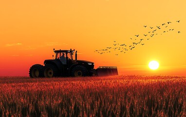 Fototapeta premium Tractor Silhouette at Sunset in Wheat Field with Bird Flock Scenic Vista