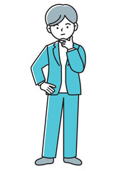 顎に手を当てて考え事をするビジネスマンの正面向きベクターイラスト