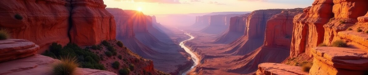 Red rock cliffs frame a dramatic canyon vista, path, outdoor