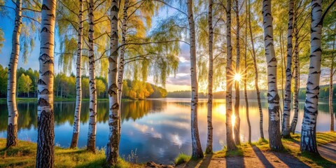 Obraz premium Serene Sunset Over a Tranquil Lake, Silhouetted by Majestic Birch Trees, Casting Long Shadows on a Grassy Shore
