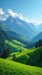 Rolling green hills against a backdrop of majestic mountains, light, scenic