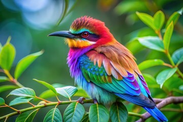 Obraz premium Vibrant Rainbow Bird Perched on Lush Green Foliage, Displaying a Kaleidoscope of Colors in its Exquisite Plumage
