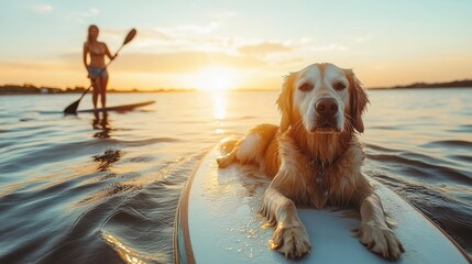 Golden Retriever enjoying paddleboarding at sunset with owner in the background