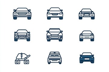 Obraz premium Nine simple car icons in front view, various models and styles.