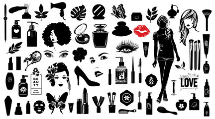 Obraz premium Beauty & Cosmetic Silhouettes Pack: A collection of black and white vector silhouettes of various beauty products, tools, and fashion items, creating a cohesive visual narrative of self-care and style