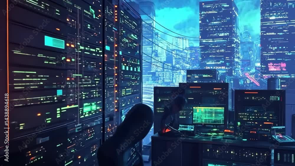 Poster futuristic data center: illuminated servers and cyber cityscape dynamics