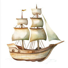 cute pirate ship isolated on white background real watercolor handpainted style simple kids like soft and light neutral color flat no details