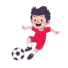 Cute boy in red jersey playing soccer, fun childhood activity, education, sports, and hobby concept art.