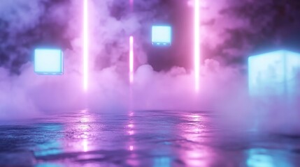 Abstract neon scene with floating cubes and smoke