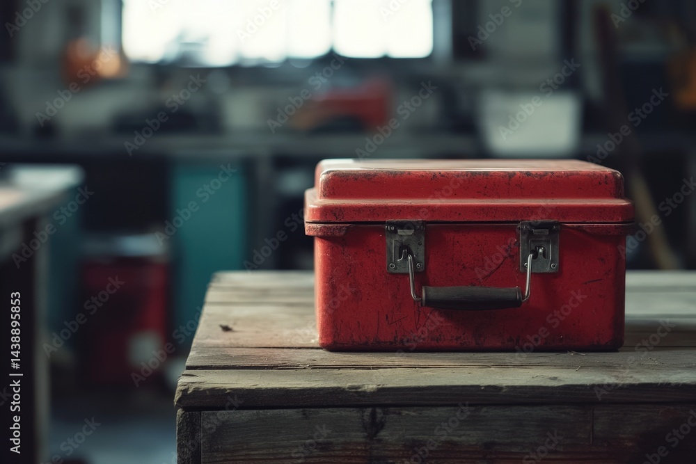 Poster rustic red toolbox rests on a weathered wooden table.