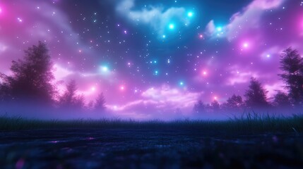 Mystical forest at night with vibrant stars
