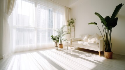 A bright and airy living room with a modern sofa 