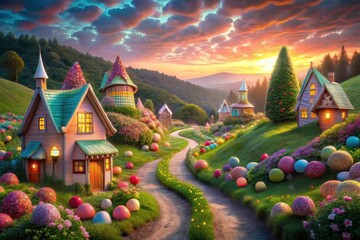 Obraz premium Enchanted Village Path at Sunset Whimsical Homes, Colorful Eggs, and a Winding Road Through a Dreamlike Landscape