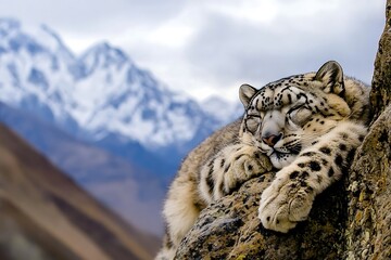 Obraz premium Snow Leopard Resting on a Rocky Ledge in a High-altitude Mountainous Region