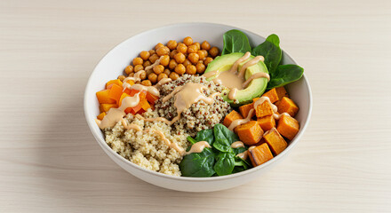 Vegan Colorful Quinoa Buddha Bowl with Avocado, Sweet Potato, Chickpeas, and Vegetables Veggie