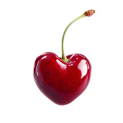 Heart-shaped cherry with shiny red skin and green stem, juicy fruit, isolated on clear background. --v 7.0