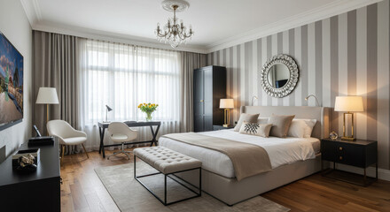 Elegant Bedroom Retreat: Serene Space with Striped Walls, Modern Accents, & Cozy Comfort for Ultimate Relaxation & Style