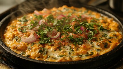 Hot Indian dish, steaming in a pan, herbs and onions on top, restaurant kitchen background