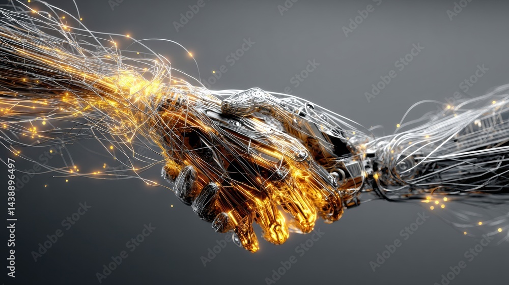 Aufkleber human and machine shake hands in a futuristic display of partnership and technology with glowing wir