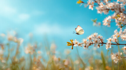 Butterfly on cherry blossom tree branch against blue sky spring nature photography background image
