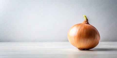 A Single, Ripe Onion Rests on a Light Wooden Surface Against a Neutral Background