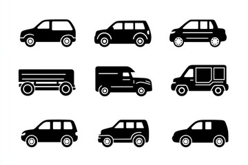 Vehicle icons cars, vans, trucks; white background; transportation design