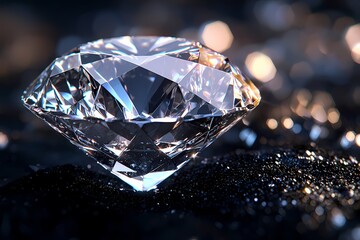 Dazzling diamond gemstone sparkles brilliantly resting on dark glittering surface with dramatic lighting and bokeh